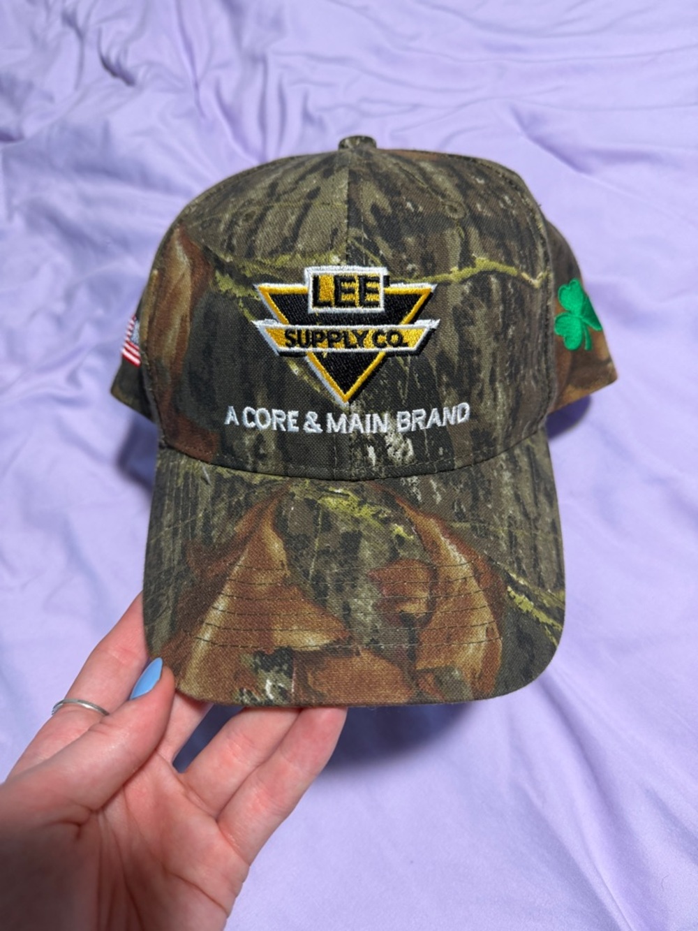 Mossy Oak Camo Baseball Cap with Yellow Logo and Green Shamrock